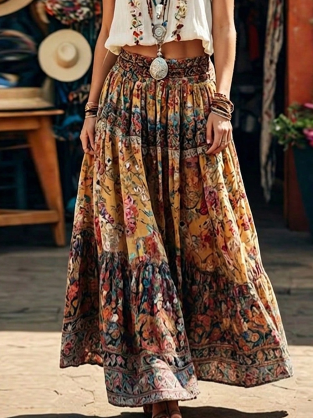 Boho Floral Print Stretchy Waist Maxi Skirt
